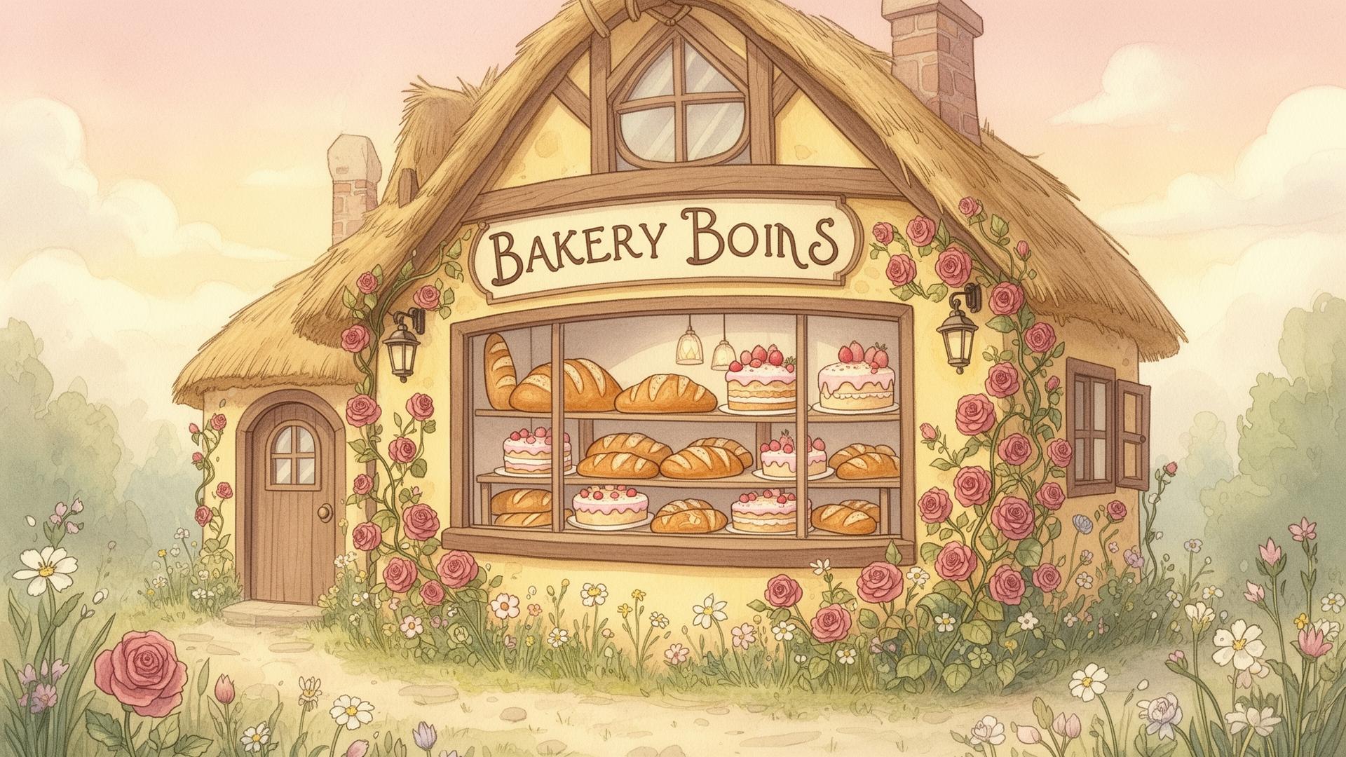 Whimsical storybook bakery cottage with roses